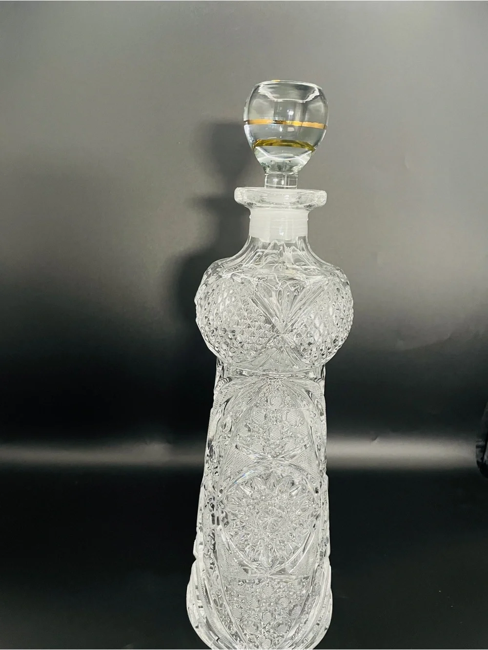 Vintage 14” Heavy Cut Glass Crystal Decanter w/ Gold Banded Ball Stopper 4 lbs